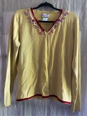 April Cornell Yellow Floral Embroidered Velvet Trim Sequin Cardigan L
